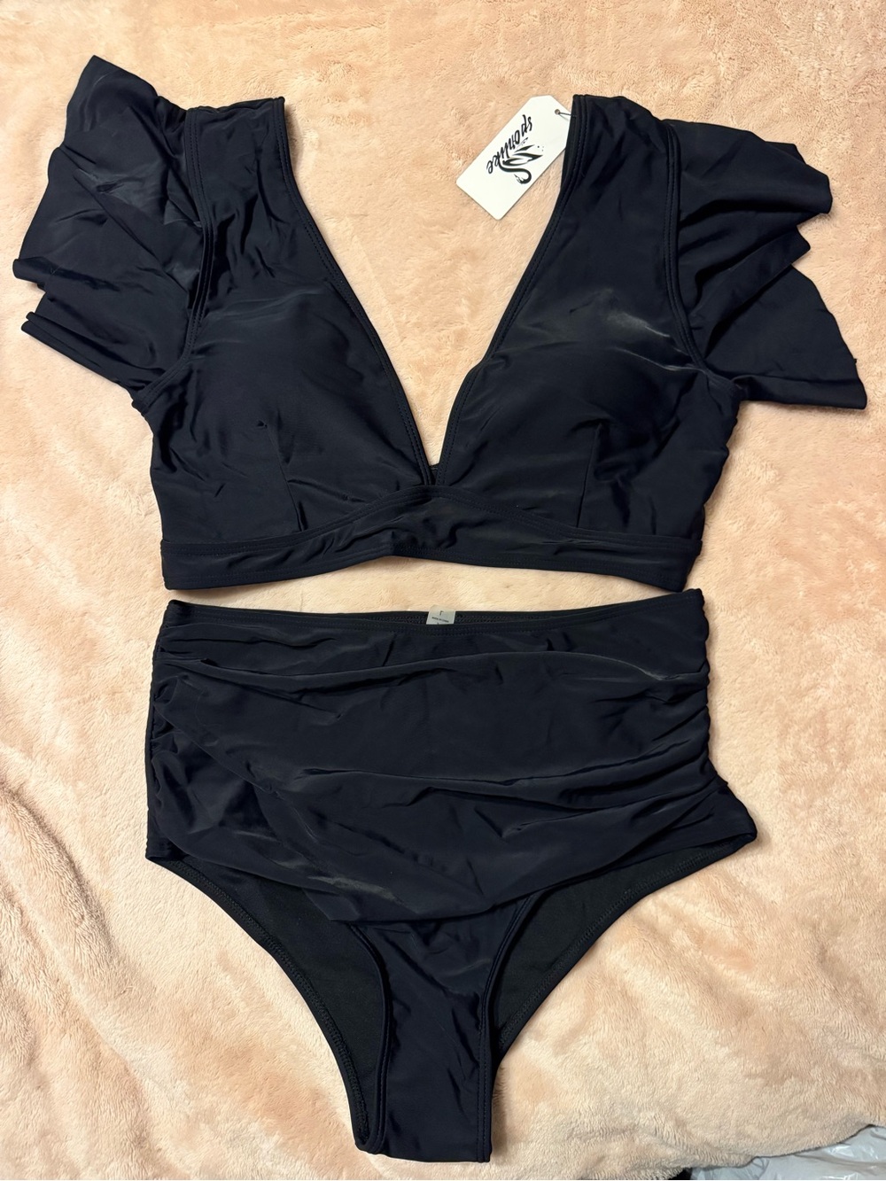 Black High-Waist Ruffled Sleeve Bikini Set